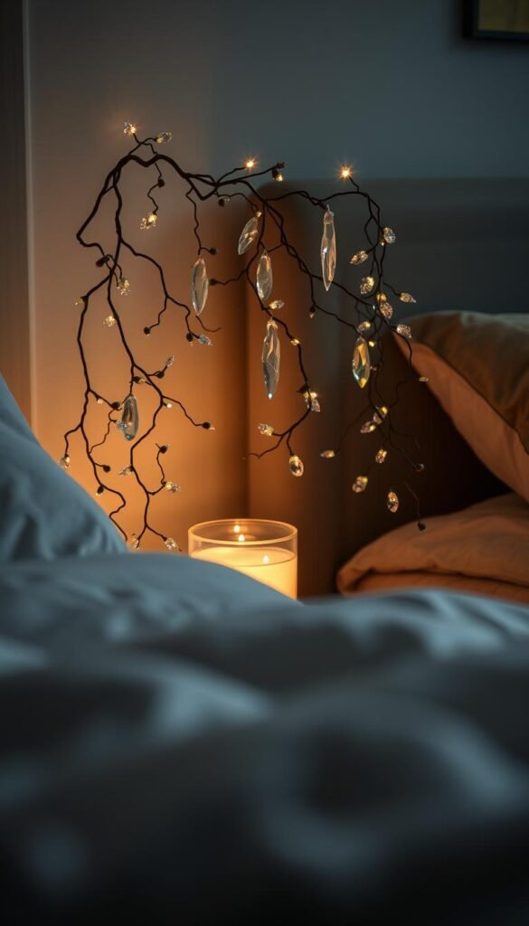 A cozy bedside table adorned with a sparkling arrangement of crystal-like accents, casting a soft, warm glow across the scene. Delicate, twisting vines and trailing foliage cascade elegantly, creating a sense of natural enchantment. The lighting, diffused and ambient, lends a dreamlike, ethereal atmosphere, evoking the magic of a fairy-lit haven. Photographed from a low angle, emphasizing the captivating, mystical ambiance of this tranquil tableau.