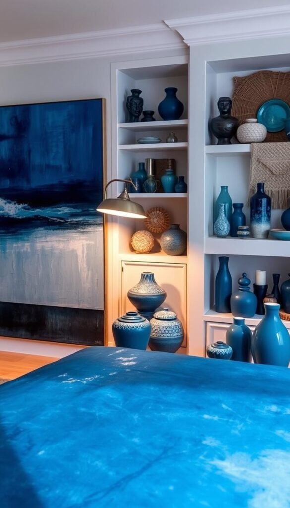 A cozy blue-hued art gallery featuring an array of contemporary abstract paintings, sculptures, and decorative accents. The foreground showcases a stunning oversized canvas in deep azure hues, its bold brushstrokes and textured finish evoking a sense of tranquility. In the middle ground, a sleek metal floor lamp casts a warm, gentle glow, illuminating a collection of handcrafted ceramics, vases, and candles in shades of cerulean and indigo. The background features built-in shelves adorned with an eclectic mix of decorative objects, from glass trinkets to woven wall hangings, all in a harmonious palette of blues. The overall atmosphere is one of sophistication and serenity, creating the perfect finishing touches for a calming blue bedroom retreat. A cozy blue-hued art gallery featuring an array of contemporary abstract paintings, sculptures, and decorative accents. The foreground showcases a stunning oversized canvas in deep azure hues, its bold brushstrokes and textured finish evoking a sense of tranquility. In the middle ground, a sleek metal floor lamp casts a warm, gentle glow, illuminating a collection of handcrafted ceramics, vases, and candles in shades of cerulean and indigo. The background features built-in shelves adorned with an eclectic mix of decorative objects, from glass trinkets to woven wall hangings, all in a harmonious palette of blues. The overall atmosphere is one of sophistication and serenity, creating the perfect finishing touches for a calming blue bedroom retreat.