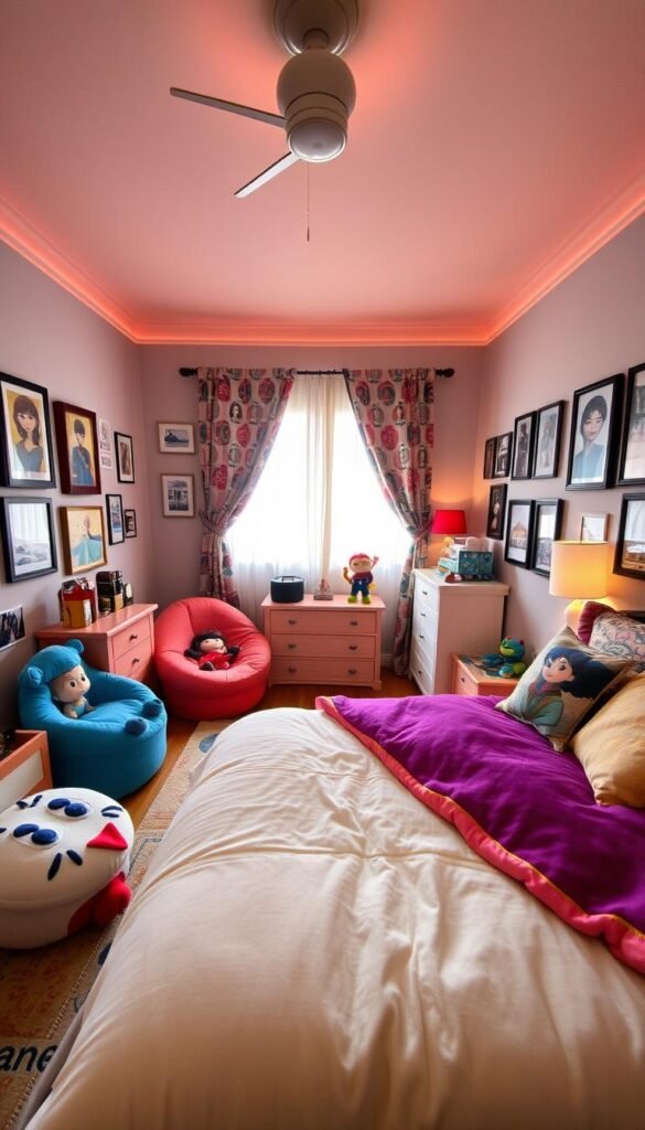 A cozy character-themed bedroom with a vibrant, playful atmosphere. In the foreground, a large, comfy bed is adorned with plush character-inspired bedding and pillows. On the walls, framed character artwork and memorabilia create a personalized gallery. Nearby, a character-themed beanbag chair and a small side table with character figurines and books invite relaxation. The middle ground features a character-themed rug and a dresser with character-inspired decor. In the background, a character-themed curtain frames a window, letting in warm, diffused lighting. The overall scene exudes a sense of joy, comfort, and immersive fandom.