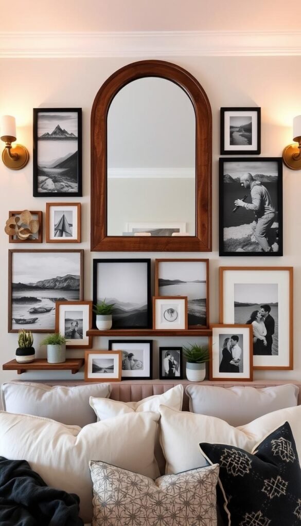 A cozy, chic bedroom gallery wall showcasing a harmonious collection of framed artwork, photographs, and decorative elements. The centerpiece is a large, rustic wood-framed mirror that reflects the warm, diffused lighting from sconces on either side. Beneath, an eclectic assortment of abstract paintings, landscape prints, and black-and-white portraits are arranged in a visually appealing, asymmetrical layout. Decorative shelves and potted plants add depth and texture, while plush textiles like a velvet throw and patterned pillows enhance the intimate, inviting atmosphere. The overall display strikes a balance between refined elegance and personal, lived-in charm.
