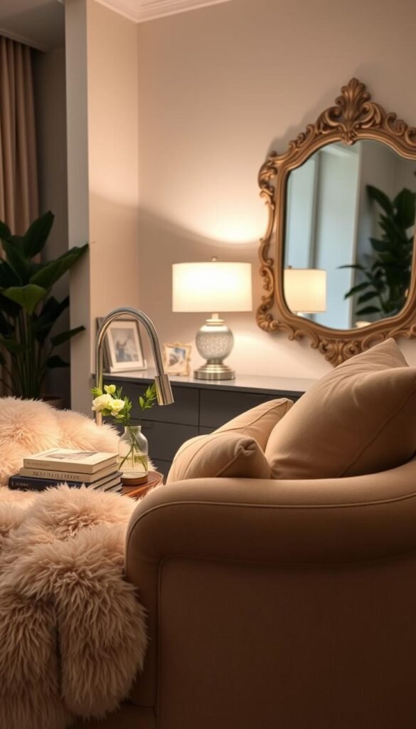 A cozy cream and beige bedroom with an array of plush, inviting accessories. In the foreground, a fluffy throw blanket and decorative pillows in complementary hues adorn a plush armchair, creating a welcoming seating area. In the middle ground, a sleek, metallic table lamp casts a warm glow over a stack of books and a delicate vase of fresh flowers, adding pops of natural greenery. The background features a large, ornate mirror reflecting the serene atmosphere, and a lush, potted plant in the corner, softening the space. The lighting is soft and diffused, evoking a tranquil, relaxing ambiance perfect for unwinding.