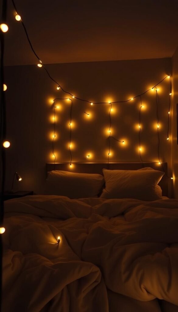 A cozy, dimly lit bedroom bathed in the soft glow of string lights. The warm, ambient lighting casts a tranquil, intimate atmosphere, creating a serene and inviting space. The bed is adorned with plush bedding and fluffy pillows, inviting the viewer to sink in and relax. The room is framed by subtle, neutral-toned walls and furnishings, allowing the string lights to take center stage and captivate the senses. The camera angle is set at eye-level, immersing the viewer in the cozy, atmospheric scene. Subtle shadows and highlights add depth and dimension, heightening the sense of coziness and comfort.