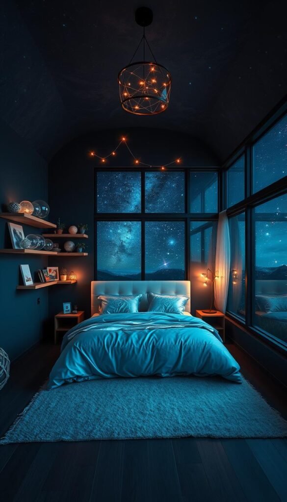 A cozy, dimly lit bedroom with a galaxy-themed aesthetic. The walls are painted in deep indigo and navy hues, adorned with swirling cosmic patterns. In the center, a large, plush bed is dressed in shimmering silver and iridescent bedding, creating a dreamlike atmosphere. Strategically placed mood lighting, such as string lights or a constellation-like ceiling lamp, casts a soft, ambient glow throughout the space. Floating shelves display an eclectic collection of celestial-themed decor, from glowing orbs to holographic art prints. Large, panoramic windows offer a breathtaking view of a starry night sky, blending the indoor and outdoor environments. The overall vibe is one of tranquility, wonder, and a touch of enchantment.