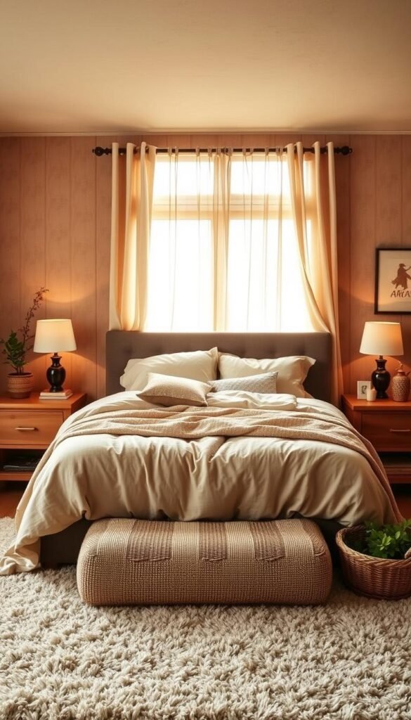 A cozy, earthy bedroom with warm, natural tones. A large bed with a fluffy, neutral-colored duvet and plush pillows sits in the center. The walls are adorned with textured, earthy-hued wallpaper or paneling. Rustic wooden nightstands flank the bed, topped with simple lamps and earthy decor. The floor is covered in a plush, neutral-toned area rug. Warm, natural lighting filters through sheer curtains, creating a calming, inviting ambiance. Potted plants and natural textures, like woven baskets or wooden accents, add to the organic, budget-friendly aesthetic.