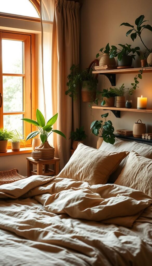 A cozy, eco-friendly bedroom bathed in warm, natural light. A plush, organic cotton bedding set with earthy tones and textures. Decorative accents made from sustainable materials like bamboo, rattan, and jute. Wooden furniture pieces with a rustic, weathered finish. Lush, verdant potted plants adorning shelves and windowsills, purifying the air. Soft, ambient lighting from a handcrafted, beeswax candle. Curtains made from recycled or biodegradable fabrics diffusing the sunlight. The overall atmosphere is serene, harmonious, and in tune with nature.