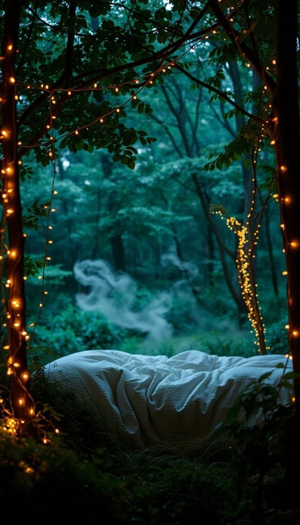 A cozy fairy light sanctuary, with soft warm glows cascading across a serene forest clearing. Delicate fairy lights adorn the surrounding trees, casting a dreamlike ambiance. In the foreground, a plush, inviting bed is nestled amidst lush greenery, beckoning for a moment of peaceful respite. Diffused lighting from the fairy lights creates a romantic, intimate atmosphere, while wispy clouds in the background suggest a touch of magic in the air. The overall scene evokes a sense of tranquility and wonder, perfect for a bedroom upgrade that embraces the enchanting allure of fairy light decor.