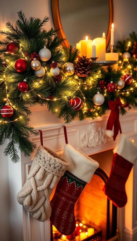 A cozy fireplace mantel, adorned with an elegant garland of lush evergreens, twinkling fairy lights, and clusters of shimmering ornaments in a variety of shapes and colors. Plush stockings, in festive red and green hues, hang from the mantel's edge, their patterns lending a touch of whimsy. Atop the mantel, a mix of classic candles and natural elements, such as pinecones and holly sprigs, create a warm, inviting glow. The scene is bathed in a soft, golden light that casts a magical ambiance, evoking the spirit of the holiday season. The overall composition is balanced and visually striking, drawing the eye towards the mantel as the focal point of the Christmas bedroom aesthetic.