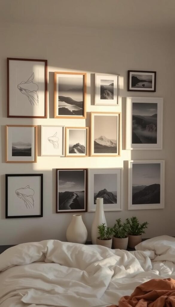 A cozy gallery wall adorning a small bedroom, featuring an intimate collection of framed artwork and photographs. In the foreground, an assortment of minimalist line drawings, abstract paintings, and moody landscape photographs are artfully arranged, their frames complementing the soft neutral tones of the surrounding walls. In the middle ground, a few sculptural vases and potted plants add pops of greenery, creating a sense of depth and life. The lighting is soft and diffused, casting gentle shadows that add depth and dimension to the curated display. The overall atmosphere is one of tranquility and thoughtful self-expression, inviting the viewer to pause and reflect on the personal stories embodied within the mini gallery.