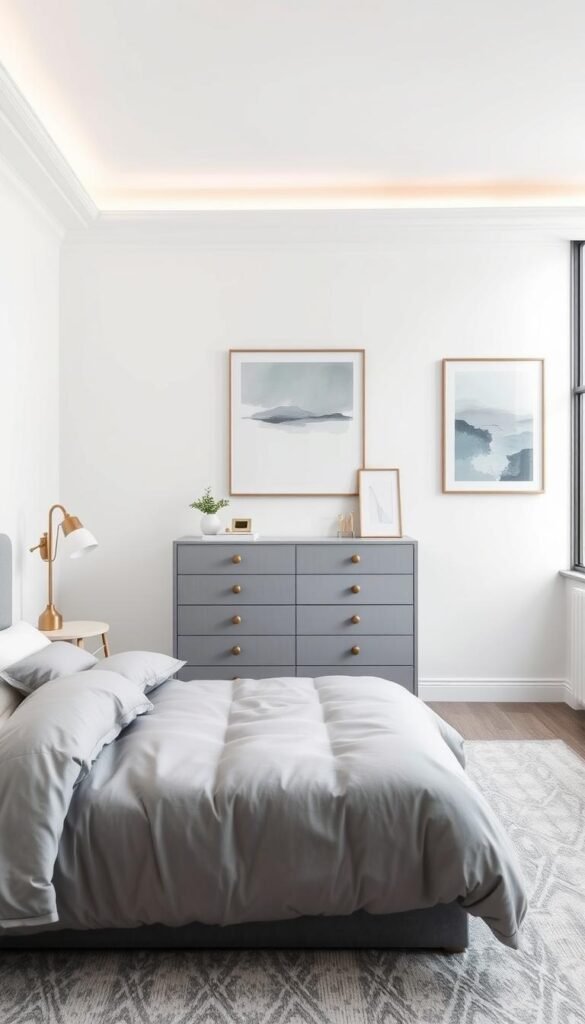 A cozy grey children's bedroom with a modern, minimalist design. In the foreground, a plush grey bedding set with white accents, complemented by a sleek grey headboard. Centered in the middle ground, a minimalist grey dresser and nightstands, accented with metallic hardware. The background features crisp white walls, punctuated by framed abstract art pieces in muted shades of grey. Soft, diffused lighting from a large picture window casts a warm glow, creating a serene and relaxing atmosphere. The overall design is clean, calming, and age-appropriate, blending functionality and style for a growing child or teen.