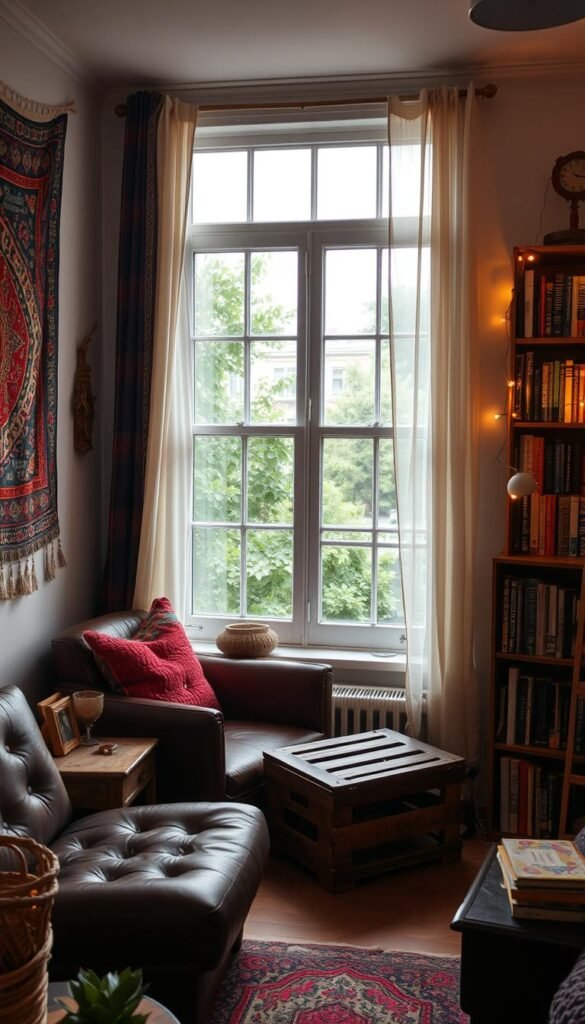 A cozy indie room with a warm, inviting atmosphere. The foreground features an eclectic mix of vintage-inspired decor, including a worn leather armchair, a repurposed wooden crate serving as a side table, and a vibrant hand-woven tapestry adorning the wall. The middle ground showcases a large, casement window overlooking a lush, urban landscape, its soft, natural light filtering through sheer, flowing curtains. In the background, a bookshelf displays a curated collection of well-loved volumes, complemented by a string of twinkling fairy lights. The overall mood is one of comfort, individuality, and a touch of bohemian charm.