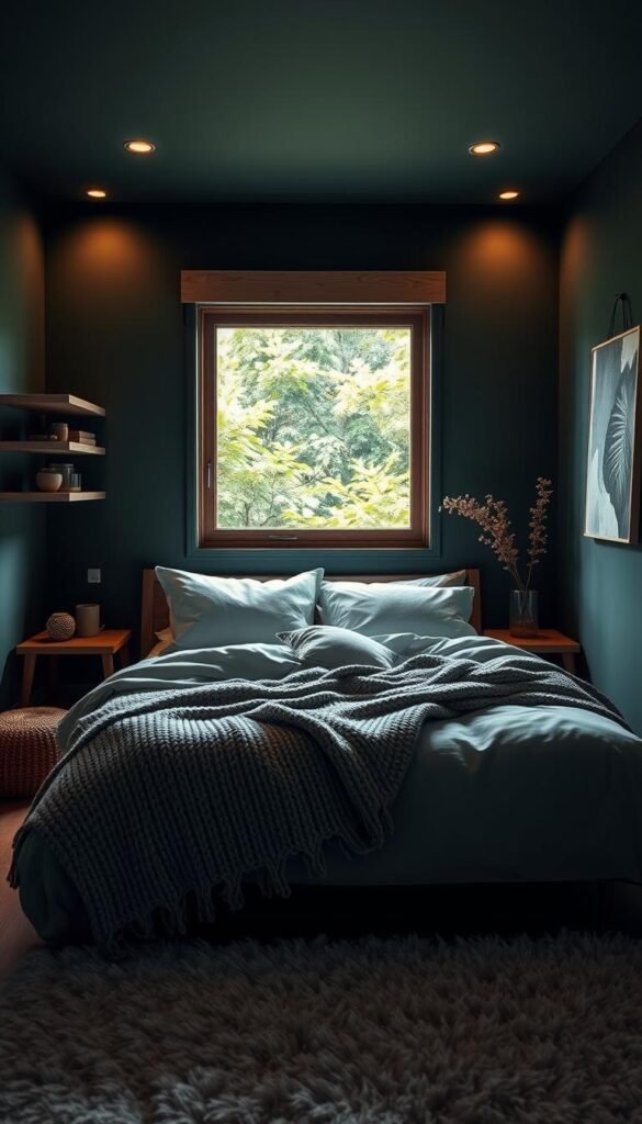 A cozy, intimate bedroom with deep, earthy green walls that exude a sense of tranquility. Warm, natural wood accents such as a sleek, minimalist bed frame and floating shelves add an inviting, organic touch. Soft, ambient lighting casts a gentle glow, creating a soothing, moody atmosphere. The window frames a view of lush, verdant foliage outside, blending the indoors and outdoors seamlessly. Plush textiles in complementary neutral tones, like a chunky knit throw and fluffy area rug, lend a touch of hygge. An overall atmosphere of calm, grounded elegance permeates the scene.