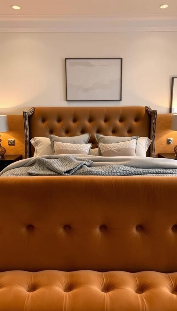 A cozy, inviting bedroom with a statement headboard as the focal point. In the foreground, a large, plush upholstered headboard in a rich, earthy tone, perhaps velvet or linen, with subtle tufting or intricate stitching detail. The headboard is flanked by nightstands with warm, soft lighting, casting a gentle glow. In the middle ground, a cozy, neutral-toned bedding ensemble with layers of textures, like knit throws and patterned pillows, creates a sense of comfort. The background features a minimalist, yet elegantly designed wall, with simple, yet impactful decor elements, such as a piece of abstract art or a decorative mirror, to enhance the focal point. The overall mood is one of warmth, relaxation, and an inviting ambiance, perfect for a restful retreat.