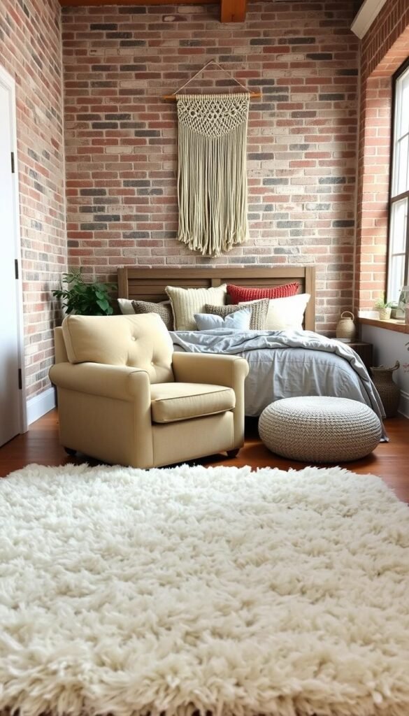 A cozy, inviting bedroom with layered textures. In the foreground, a plush, ivory shag rug covers the hardwood floor, creating a soft, tactile base. Atop the rug, a large, overstuffed armchair upholstered in a rich, velvety fabric invites relaxation. Hanging above, a macrame wall hanging adds a warm, natural element, its woven patterns casting gentle shadows. In the middle ground, a wooden bedframe with a thick, quilted comforter and an assortment of throw pillows in varying textures and patterns, including woven, knitted, and corduroy. The background features exposed brick walls, their uneven surfaces adding depth and character, while a large window floods the space with soft, diffused lighting, creating a cozy, intimate atmosphere. A cozy, inviting bedroom with layered textures. In the foreground, a plush, ivory shag rug covers the hardwood floor, creating a soft, tactile base. Atop the rug, a large, overstuffed armchair upholstered in a rich, velvety fabric invites relaxation. Hanging above, a macrame wall hanging adds a warm, natural element, its woven patterns casting gentle shadows. In the middle ground, a wooden bedframe with a thick, quilted comforter and an assortment of throw pillows in varying textures and patterns, including woven, knitted, and corduroy. The background features exposed brick walls, their uneven surfaces adding depth and character, while a large window floods the space with soft, diffused lighting, creating a cozy, intimate atmosphere.