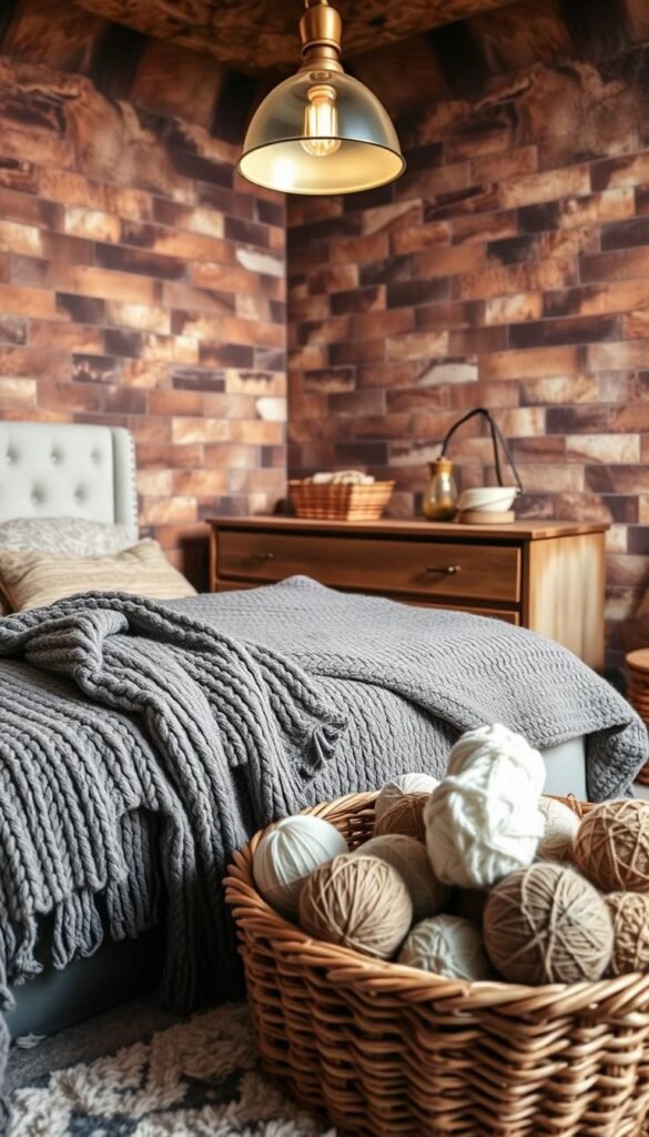 A cozy, inviting bedroom with warm, textured elements. In the foreground, a plush, knitted throw blanket cascades over a tufted, velvet headboard. Soft, woolen pillows dot the scene, their patterns creating a tactile landscape. In the middle ground, a woven basket overflows with chunky yarn balls, inviting visitors to reach out and touch. Overhead, a brass, bespoke light fixture casts a golden glow, complementing the natural wood tones of a rustic dresser. The background is filled with earthy, terracotta tiles, their uneven surfaces adding depth and character. An atmosphere of comfort and coziness pervades the space, making it the perfect sanctuary for rest and relaxation. A cozy, inviting bedroom with warm, textured elements. In the foreground, a plush, knitted throw blanket cascades over a tufted, velvet headboard. Soft, woolen pillows dot the scene, their patterns creating a tactile landscape. In the middle ground, a woven basket overflows with chunky yarn balls, inviting visitors to reach out and touch. Overhead, a brass, bespoke light fixture casts a golden glow, complementing the natural wood tones of a rustic dresser. The background is filled with earthy, terracotta tiles, their uneven surfaces adding depth and character. An atmosphere of comfort and coziness pervades the space, making it the perfect sanctuary for rest and relaxation.