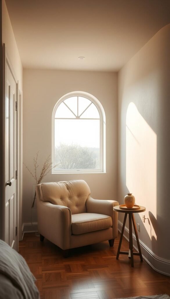 A cozy, inviting corner of a bedroom, bathed in soft, ambient lighting. Neutral-toned walls and hardwood floors provide a warm, minimalist backdrop, while a plush, oversized armchair sits nestled in the corner, beckoning for a moment of relaxation. A large, arched window frames the view, allowing natural light to filter in and cast a gentle glow throughout the space. A small, wooden side table holds a decorative ceramic vase, hinting at the potential for personal touches and decor that could transform this empty nook into a serene, personalized retreat.