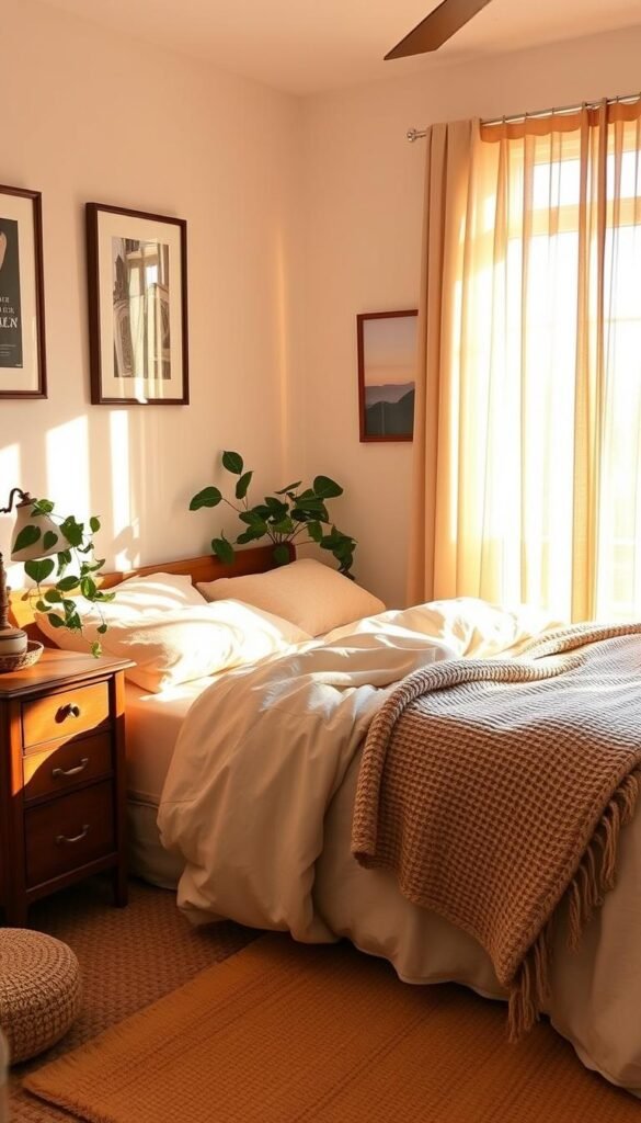 A cozy, inviting personal bedroom with a warm, earthy color palette. Soft, textured bedding in natural tones - perhaps a linen duvet cover, knitted throw, and plush pillows. A wooden nightstand with a vintage table lamp casts a gentle glow. Plants, like a potted fiddle-leaf fig or trailing ivy, add lush greenery. Framed artwork or photographs hang on the walls, creating a personalized, lived-in feel. The room is bathed in golden, diffused sunlight through sheer curtains, conveying a sense of comfort and relaxation. Emphasis on natural, organic elements and a cohesive, soothing aesthetic. A cozy, inviting personal bedroom with a warm, earthy color palette. Soft, textured bedding in natural tones - perhaps a linen duvet cover, knitted throw, and plush pillows. A wooden nightstand with a vintage table lamp casts a gentle glow. Plants, like a potted fiddle-leaf fig or trailing ivy, add lush greenery. Framed artwork or photographs hang on the walls, creating a personalized, lived-in feel. The room is bathed in golden, diffused sunlight through sheer curtains, conveying a sense of comfort and relaxation. Emphasis on natural, organic elements and a cohesive, soothing aesthetic.