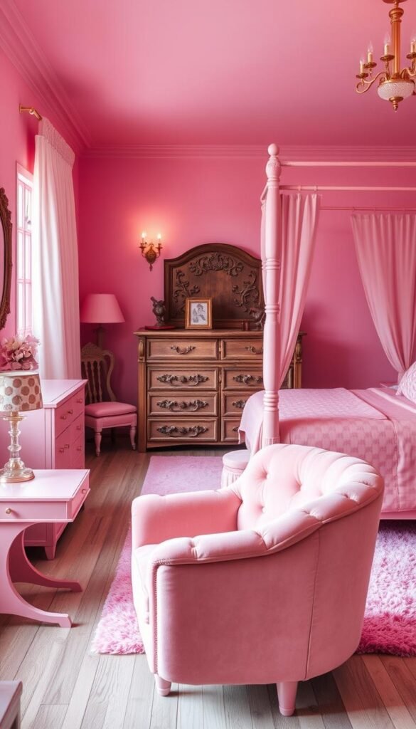 A cozy, inviting pink bedroom showcasing a diverse selection of furniture pieces. In the foreground, a plush, tufted pink velvet armchair sits adjacent to a sleek, modern pink nightstand with a delicate glass lamp. In the middle ground, a rustic wooden dresser with intricate floral carvings stands tall, complemented by a fluffy pink area rug. Towards the back, a majestic pink four-poster bed with sheer curtains takes center stage, its soft, welcoming aesthetic accentuated by the warm, diffused lighting from a pair of wall-mounted sconces. The overall scene exudes a serene, feminine charm, creating a visually stunning and harmonious pink bedroom ambiance. A cozy, inviting pink bedroom showcasing a diverse selection of furniture pieces. In the foreground, a plush, tufted pink velvet armchair sits adjacent to a sleek, modern pink nightstand with a delicate glass lamp. In the middle ground, a rustic wooden dresser with intricate floral carvings stands tall, complemented by a fluffy pink area rug. Towards the back, a majestic pink four-poster bed with sheer curtains takes center stage, its soft, welcoming aesthetic accentuated by the warm, diffused lighting from a pair of wall-mounted sconces. The overall scene exudes a serene, feminine charm, creating a visually stunning and harmonious pink bedroom ambiance.
