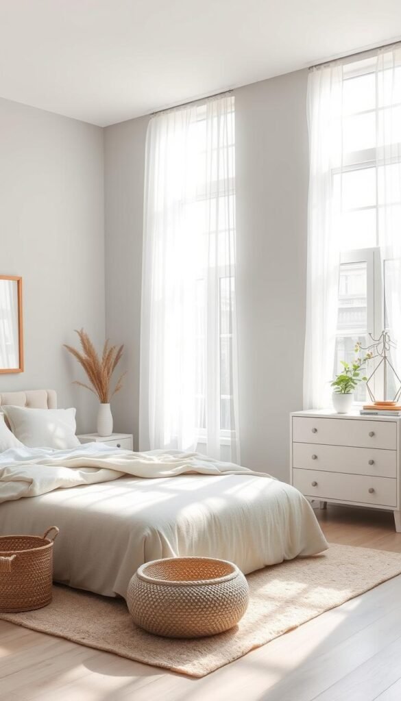 A cozy, light-filled grey bedroom with soft, airy textures and a peaceful atmosphere. Sunlight filters through large windows, casting a warm glow on the minimalist furniture - a delicate upholstered bed, a sleek dresser, and a plush area rug. The walls are painted in a soft, calming shade of grey, complemented by sheer, gossamer curtains that sway gently in the breeze. Subtle, nature-inspired accents like potted plants and a woven basket add a touch of organic elegance. The overall design evokes a sense of tranquility and relaxation, perfect for a modern, comfortable living space.