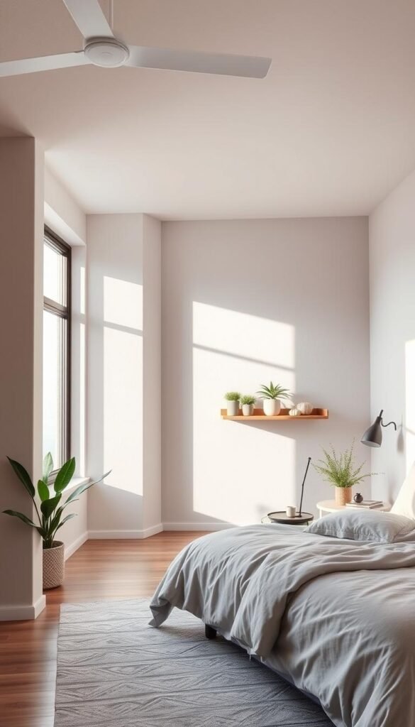 A cozy light gray greige bedroom with soft, diffused lighting. The walls have a subtle textured finish, creating a warm, inviting atmosphere. Natural light filters in through a large window, casting a gentle glow across the room. Minimal decor elements, such as a modern floating shelf and a few potted plants, add a touch of greenery and simplicity. The overall mood is one of tranquility and relaxation, perfect for a restful night's sleep.