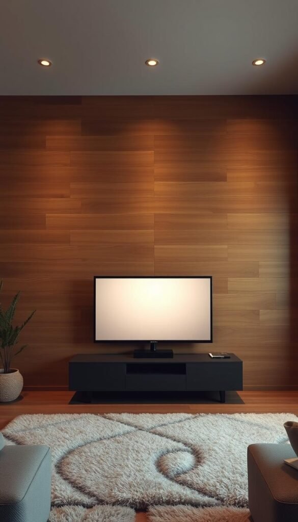 A cozy living room with a warm, wooden wall panel as the focal point. In the center, a sleek, monochrome television set with a minimalist design, its screen casting a soft, ambient glow. The lighting is soft and diffused, creating a serene and inviting atmosphere. The room is filled with natural textures and muted tones, with a plush rug and subtle pops of accent colors to add depth and interest. The overall effect is one of sophisticated simplicity, blending the natural warmth of wood with the clean, modern lines of the television design.
