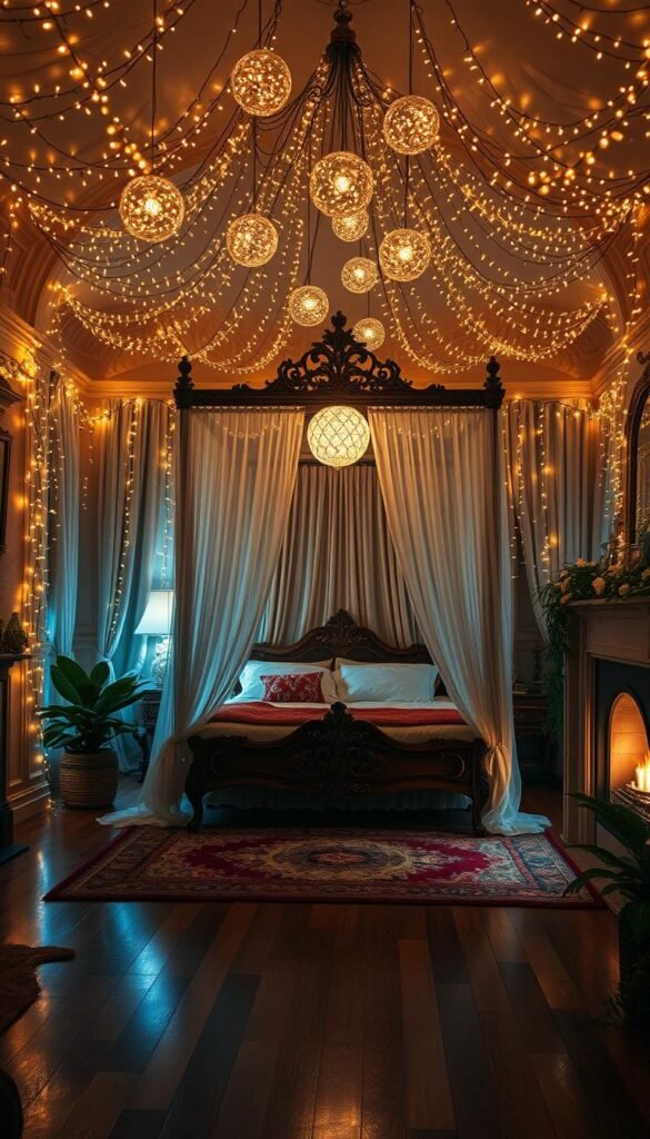 A cozy, magical bedroom at night, bathed in a warm, ethereal glow. The room is adorned with twinkling fairy lights cascading along the walls, casting a soft, ambient illumination. In the center, a large, ornate canopy bed is draped with sheer, gossamer curtains, creating an enchanting, cocoon-like atmosphere. Delicate, glowing orbs hover above, as if suspended by an unseen force, their radiance reflecting off the polished hardwood floors. Plush, jewel-toned rugs and lush, verdant plants add layers of texture and depth, while a flickering fireplace in the corner casts dancing shadows across the scene. The overall effect is one of tranquil, dream-like wonder, a retreat from the outside world.