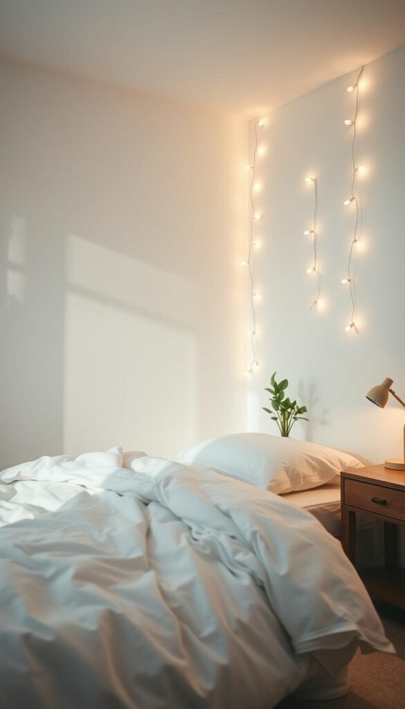 A cozy, minimalist bedroom with soft, warm lighting. Delicate string lights cast a gentle glow, creating a tranquil ambiance. Serene white walls, a plush bed with crisp linens, and a wooden nightstand with a small lamp. A single potted plant adds a touch of nature. The scene is bathed in a soft, diffused light that creates a soothing, peaceful atmosphere. Shadows cast by the lighting add depth and texture to the space. The camera angle is at a low, intimate level, capturing the welcoming, comfortable vibe of the room. A cozy, minimalist bedroom with soft, warm lighting. Delicate string lights cast a gentle glow, creating a tranquil ambiance. Serene white walls, a plush bed with crisp linens, and a wooden nightstand with a small lamp. A single potted plant adds a touch of nature. The scene is bathed in a soft, diffused light that creates a soothing, peaceful atmosphere. Shadows cast by the lighting add depth and texture to the space. The camera angle is at a low, intimate level, capturing the welcoming, comfortable vibe of the room.