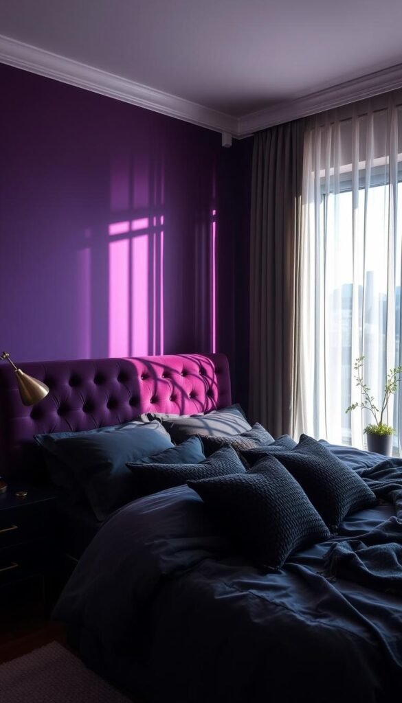 A cozy, moody purple bedroom with a plush velvet headboard casting dramatic shadows. Soft ambient lighting from a minimalist brass floor lamp creates a serene, tranquil atmosphere. A deep purple accent wall provides a bold backdrop, complemented by charcoal gray linens and textured throw pillows. Wispy sheer curtains frame the large window, allowing a hint of natural light to filter in. Sleek mid-century modern nightstands with brass hardware flank the bed, while a small potted plant adds a touch of organic greenery. The overall design exudes an edgy yet calming vibe, perfect for a restful, rejuvenating retreat.