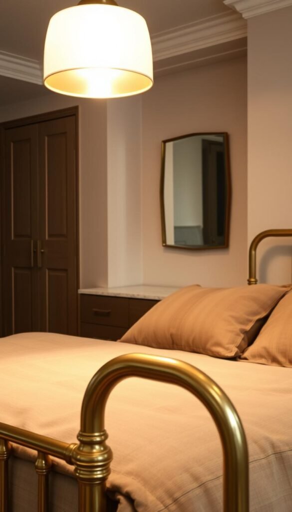 A cozy, neutral bedroom with metallic accents casting a soft, warm glow. In the foreground, a brass bedframe and nightstands with a polished sheen, complemented by textured linen bedding in muted tones. The middle ground features a marble-topped dresser, its metallic handles reflecting the ambient light. The background showcases a wall-mounted mirror with a brushed steel frame, creating a subtle shine that illuminates the space. Overhead, a brass pendant light casts a gentle, diffused illumination, evoking a sense of relaxation and sophistication. The overall atmosphere is one of tranquility and refined elegance.