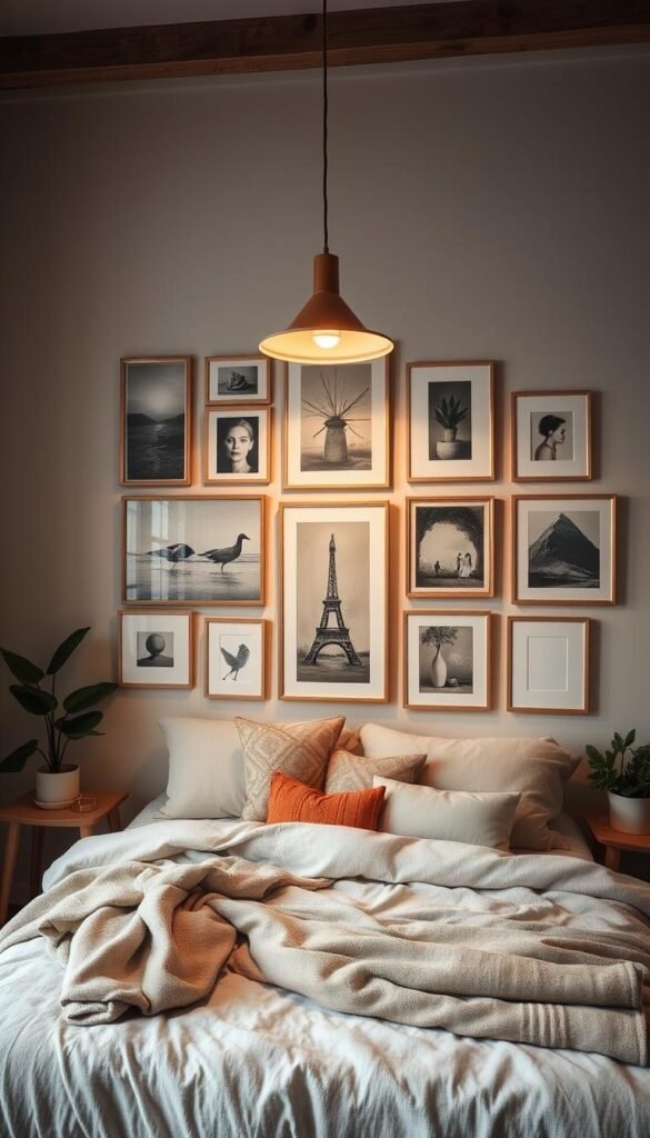 A cozy, personalized art display bedroom with a stunning gallery wall arrangement. The focal point is a collection of framed paintings, photographs, and mixed media artworks in a harmonious color palette, artfully curated and displayed on the feature wall. Soft, warm lighting from a modern, minimalist pendant lamp illuminates the space, casting a gentle glow and creating a serene, inviting atmosphere. The room is furnished with a plush, neutral-toned bed layered with cozy linens and textiles, complemented by natural wood accents and potted plants, fostering a tranquil, relaxing environment perfect for showcasing a personalized art collection.