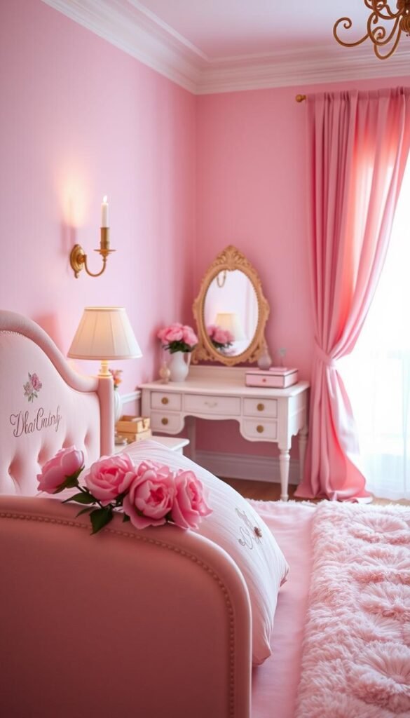A cozy, pink-hued bedroom interior, bathed in warm, soft lighting. In the foreground, a plush, tufted headboard adorned with delicate floral embroidery. Atop the bedside tables, ceramic vases filled with fragrant pink peonies. In the middle ground, a fluffy, blush-colored area rug and a vintage-inspired vanity with a gilded mirror frame. The background features flowing, sheer curtains in a complementary shade of pink, gently billowing in a light breeze. The overall atmosphere is one of serene femininity and romantic charm. A cozy, pink-hued bedroom interior, bathed in warm, soft lighting. In the foreground, a plush, tufted headboard adorned with delicate floral embroidery. Atop the bedside tables, ceramic vases filled with fragrant pink peonies. In the middle ground, a fluffy, blush-colored area rug and a vintage-inspired vanity with a gilded mirror frame. The background features flowing, sheer curtains in a complementary shade of pink, gently billowing in a light breeze. The overall atmosphere is one of serene femininity and romantic charm.