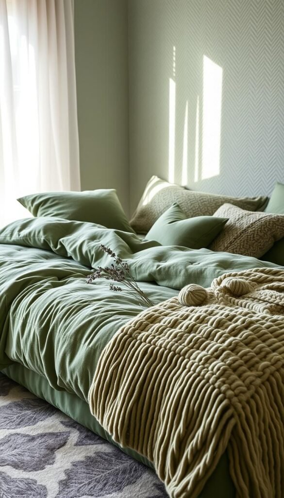 A cozy sage green bedroom bathed in soft, natural lighting. The foreground features layers of lush, textured fabrics - a plush velvet duvet, a chunky knit blanket, and piles of plump throw pillows in complementary shades. Interspersed are delicate botanical accents, like a sprig of dried lavender. In the middle ground, a vintage-inspired area rug with an abstract leaf pattern grounds the space. The background showcases a textured wall with a subtle herringbone or sponge-painted effect, creating depth and visual interest. An overall sense of serenity and comfort pervades the scene, inviting relaxation.