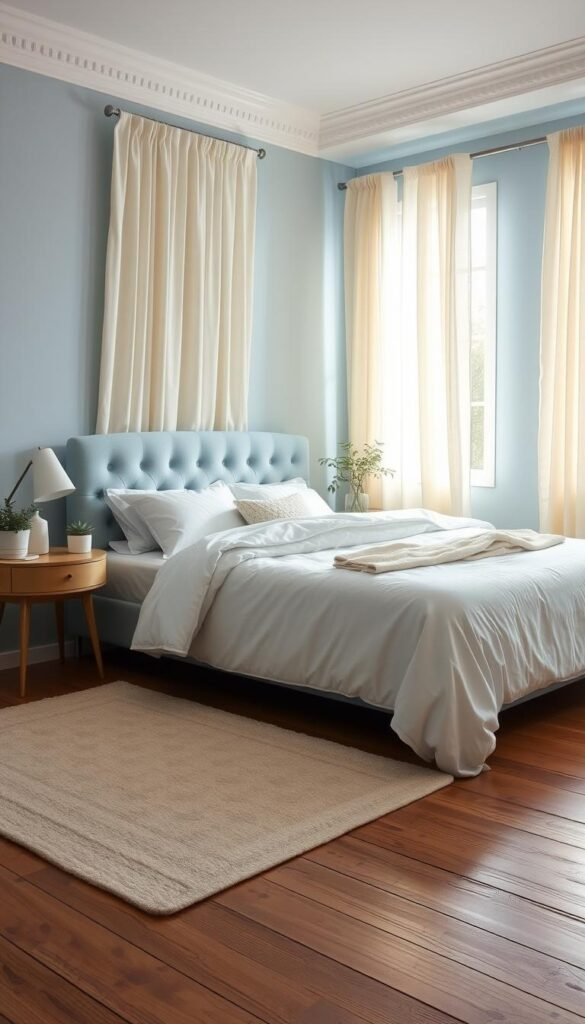 A cozy, serene bedroom bathed in a calming palette of blue, white, and cream. The classic color trio creates a tranquil ambiance, with a plush, tufted headboard in a soft powder blue serving as the focal point. Crisp white bedding and textiles are accented by cream-colored curtains that filter in natural light, casting a warm, diffused glow. The wooden floors, complemented by a cream-colored area rug, add a touch of rustic elegance, while the minimal decor - a few potted plants, a sleek table lamp - allows the color scheme to take center stage. This harmonious blend of hues and textures evokes a timeless, soothing atmosphere, perfect for a restful retreat. A cozy, serene bedroom bathed in a calming palette of blue, white, and cream. The classic color trio creates a tranquil ambiance, with a plush, tufted headboard in a soft powder blue serving as the focal point. Crisp white bedding and textiles are accented by cream-colored curtains that filter in natural light, casting a warm, diffused glow. The wooden floors, complemented by a cream-colored area rug, add a touch of rustic elegance, while the minimal decor - a few potted plants, a sleek table lamp - allows the color scheme to take center stage. This harmonious blend of hues and textures evokes a timeless, soothing atmosphere, perfect for a restful retreat.