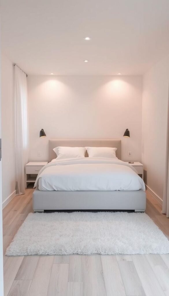 A cozy small bedroom layout with the bed as the focal point. A minimalist platform bed with a simple headboard and crisp white bedding, positioned diagonally to maximize floor space. Soft overhead lighting casts a warm glow, complemented by a pair of sleek, modern nightstands. Subtle textures, like a plush area rug and sheer curtains, add depth. The room is airy and uncluttered, emphasizing the bed's placement as the foundation for an efficient, harmonious space.