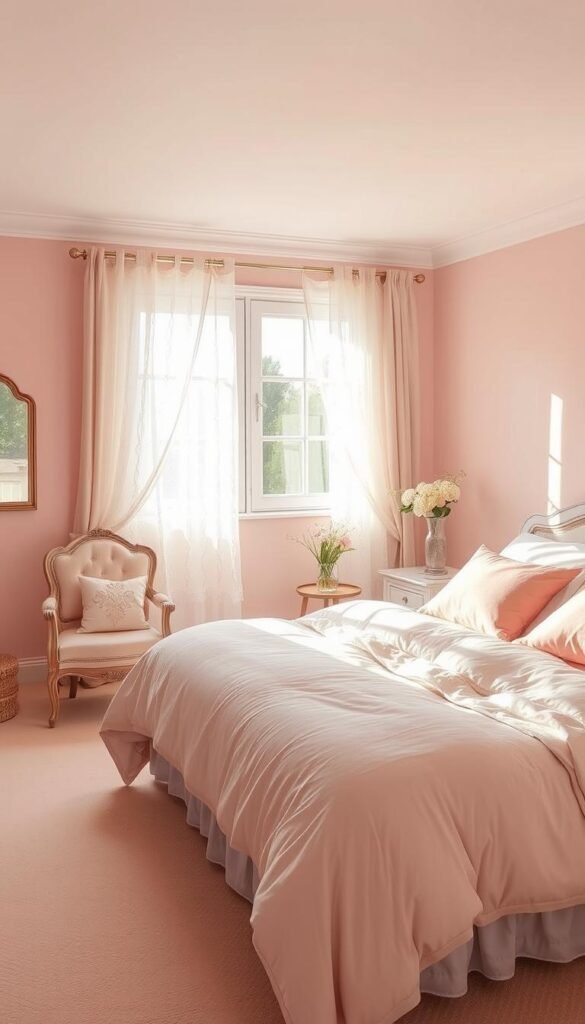A cozy, soft-lit bedroom bathed in gentle blush hues. The walls are painted in a delicate, muted pink that creates a serene, airy atmosphere. Diffused sunlight streams through lace curtains, casting a warm, glowing ambiance. A plush, inviting bed is dressed in soft, luxurious linens in shades of blush and ivory, beckoning for a peaceful repose. Accent pieces, such as a vintage armchair and a delicate floral arrangement, complement the soothing palette. The overall scene exudes a sense of tranquility and comfort, perfect for a restful, gentle embrace.