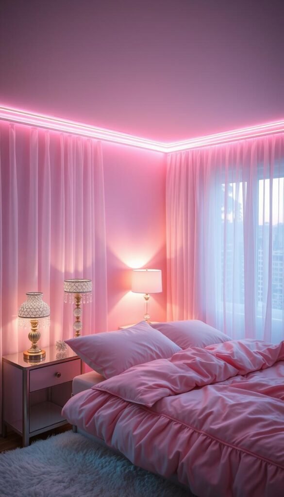 A cozy, softly lit pink bedroom with a lush, dreamy ambiance. The warm, diffused lighting originates from a pair of elegant, crystal-adorned table lamps on the nightstands, casting a gentle glow over the plush, blush-colored bedding and sheer, ruffled curtains. Soft, pink-tinted LED strip lights line the perimeter of the ceiling, creating a soothing, hazy atmosphere. The overall lighting scheme conveys a sense of tranquility and relaxation, perfect for a restful, indulgent retreat. A cozy, softly lit pink bedroom with a lush, dreamy ambiance. The warm, diffused lighting originates from a pair of elegant, crystal-adorned table lamps on the nightstands, casting a gentle glow over the plush, blush-colored bedding and sheer, ruffled curtains. Soft, pink-tinted LED strip lights line the perimeter of the ceiling, creating a soothing, hazy atmosphere. The overall lighting scheme conveys a sense of tranquility and relaxation, perfect for a restful, indulgent retreat.