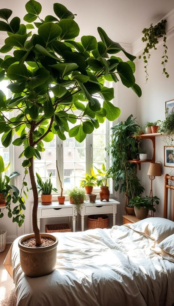 A cozy, sun-dappled bedroom filled with lush, verdant greenery. In the foreground, a sprawling potted fiddle-leaf fig tree stands tall, its broad leaves casting soft, dappled shadows across the serene scene. Trailing vines and potted succulents adorn the nightstands and shelves, infusing the space with an organic, calming atmosphere. The middle ground features a plush, neutral-toned bed swathed in crisp, natural linens, inviting relaxation. Soft, diffused light filters in through large windows, illuminating the verdant oasis and creating a tranquil, restorative ambiance. Captured with a wide-angle lens to emphasize the harmonious integration of nature and interior design.