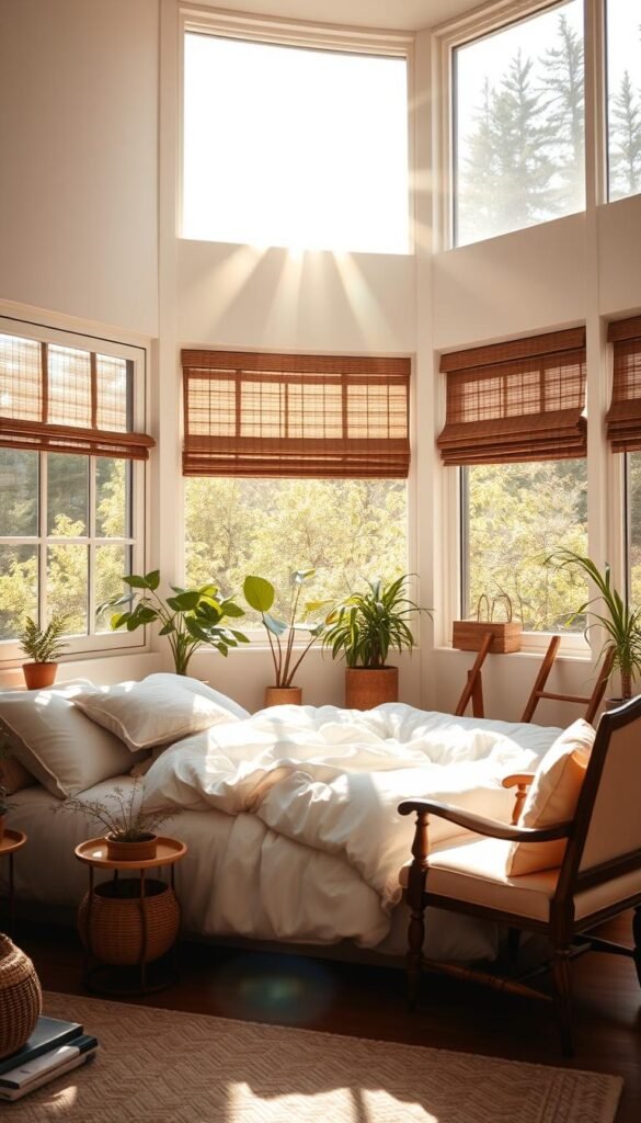 A cozy, sun-drenched bedroom corner with abundant natural light streaming through large windows. Plush white bedding, soft textures, and warm wooden accents create a serene, inviting atmosphere. Strategically placed potted plants and a vintage armchair add pops of greenery and character. The scene is bathed in the golden glow of the afternoon sun, casting long shadows and gentle highlights that accentuate the space's depth and coziness. A harmonious blend of natural and neutral tones, this corner exudes a sense of tranquility and relaxation, perfectly encapsulating the essence of maximizing natural light in a bedroom setting.
