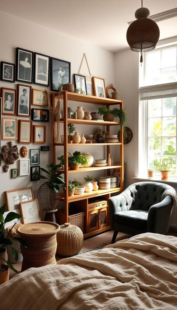 A cozy, sun-drenched bedroom filled with personal trinkets and handmade decor. In the foreground, a meticulously curated display of framed artwork, photographs, and DIY macrame wall hangings. Soft ambient lighting casts a warm glow over a wooden shelving unit displaying an eclectic mix of potted plants, ceramic vases, and handcrafted ceramic pieces. In the middle ground, a plush area rug and a tufted velvet armchair create a cozy reading nook, with a large window overlooking a verdant outdoor scene in the background. The overall aesthetic evokes a sense of individuality, creativity, and lived-in comfort.