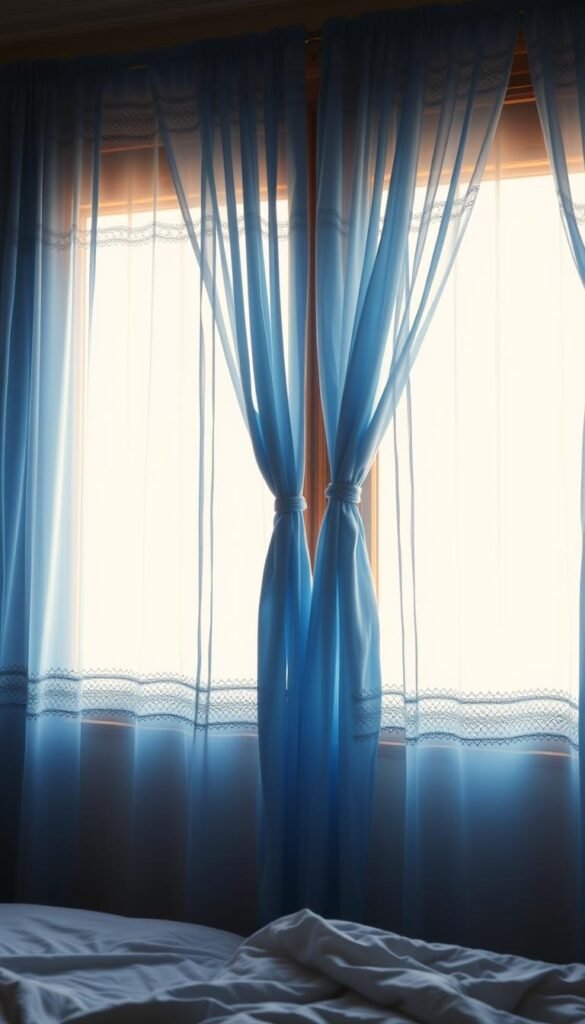 A cozy, sun-drenched bedroom with sheer, flowing blue curtains framing a large window. The curtains gently billow in a soft breeze, casting a serene, calming glow across the room. Delicate lace accents line the curtains, adding a touch of elegance. The window's frame is made of rich, dark wood, complementing the cool blue tones. Warm, diffused lighting filters in, creating a soothing, tranquil atmosphere. The curtains are the focal point, drawing the eye and inviting a sense of peaceful contemplation. This image perfectly captures the beauty and serenity of incorporating blue through window treatments. A cozy, sun-drenched bedroom with sheer, flowing blue curtains framing a large window. The curtains gently billow in a soft breeze, casting a serene, calming glow across the room. Delicate lace accents line the curtains, adding a touch of elegance. The window's frame is made of rich, dark wood, complementing the cool blue tones. Warm, diffused lighting filters in, creating a soothing, tranquil atmosphere. The curtains are the focal point, drawing the eye and inviting a sense of peaceful contemplation. This image perfectly captures the beauty and serenity of incorporating blue through window treatments.