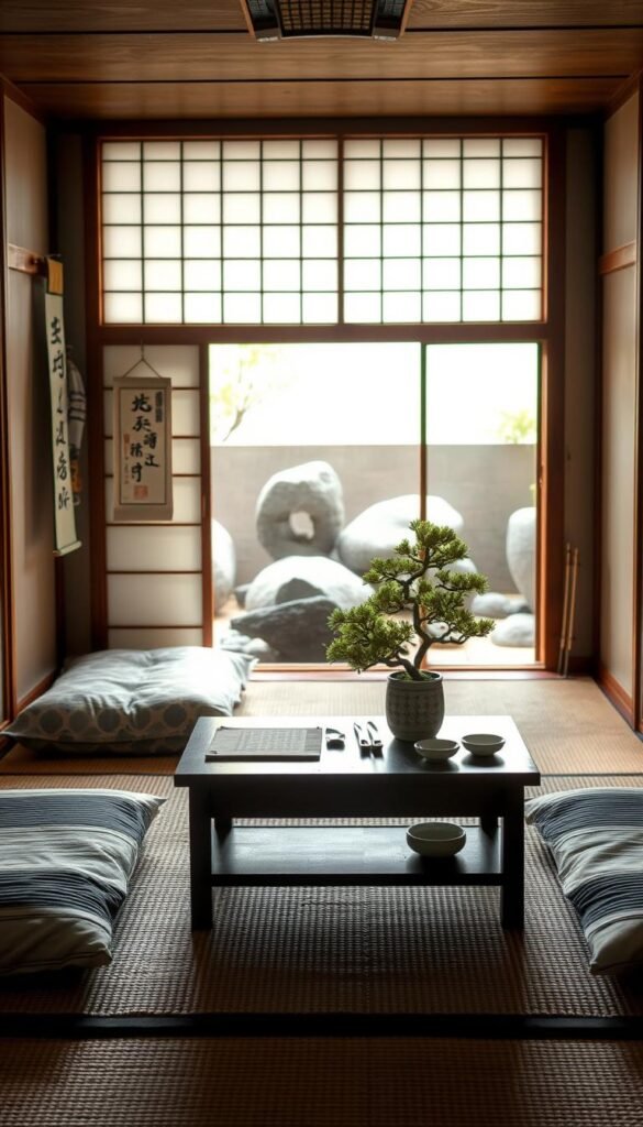 A cozy traditional Japanese bedroom with tatami mats, a low futon bed, and shoji screens casting a warm, diffused light. In the middle ground, a small desk with a calligraphy set and a potted bonsai tree. Subtle details like a hanging scroll painting, a ceramic tea set, and a wood-framed window overlooking a zen rock garden in the background. The atmosphere is one of tranquility and mindfulness, inviting the viewer to pause and find inner peace.