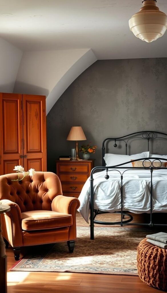 A cozy vintage bedroom filled with a soothing color palette of muted tones. Warm, earthy hues of ochre, terracotta, and sage green create a calming atmosphere. Soft, diffused lighting casts a gentle glow, accentuating the rustic wood tones and antique brass accents. In the foreground, a plush, tufted velvet armchair sits beside a small side table adorned with a delicate floral arrangement. In the middle ground, a vintage iron bed frame is dressed in crisp, white linens and complemented by a patterned area rug. The background features a textured, weathered wall in a muted shade of blue-gray, creating a sense of timeless elegance. A cozy vintage bedroom filled with a soothing color palette of muted tones. Warm, earthy hues of ochre, terracotta, and sage green create a calming atmosphere. Soft, diffused lighting casts a gentle glow, accentuating the rustic wood tones and antique brass accents. In the foreground, a plush, tufted velvet armchair sits beside a small side table adorned with a delicate floral arrangement. In the middle ground, a vintage iron bed frame is dressed in crisp, white linens and complemented by a patterned area rug. The background features a textured, weathered wall in a muted shade of blue-gray, creating a sense of timeless elegance.