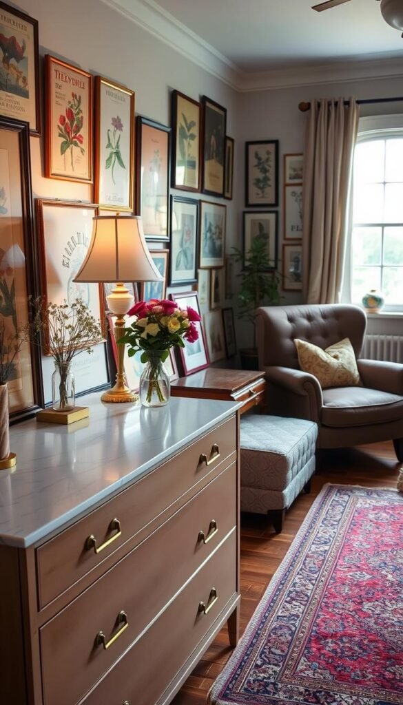 A cozy vintage bedroom with a curated collection of timeless decor pieces. In the foreground, a mid-century modern dresser with brass handles and a marble top, adorned with a retro lamp and a vase of fresh flowers. On the walls, an array of framed vintage posters and botanical prints, lending an air of understated elegance. In the background, a plush velvet armchair and a worn oriental rug create a warm, inviting atmosphere. Soft, diffused lighting from a large window casts a gentle glow, highlighting the textures and patinas of the carefully selected vintage items. The overall scene conveys a sense of thoughtful curation and a harmonious blend of old and new. A cozy vintage bedroom with a curated collection of timeless decor pieces. In the foreground, a mid-century modern dresser with brass handles and a marble top, adorned with a retro lamp and a vase of fresh flowers. On the walls, an array of framed vintage posters and botanical prints, lending an air of understated elegance. In the background, a plush velvet armchair and a worn oriental rug create a warm, inviting atmosphere. Soft, diffused lighting from a large window casts a gentle glow, highlighting the textures and patinas of the carefully selected vintage items. The overall scene conveys a sense of thoughtful curation and a harmonious blend of old and new.