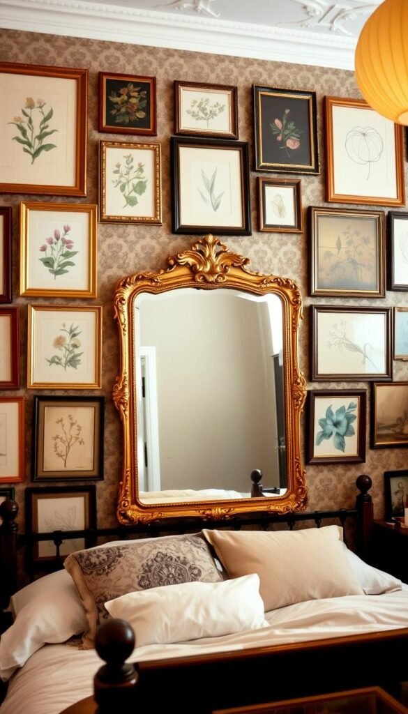 A cozy, vintage-inspired bedroom wall adorned with an array of captivating art pieces. In the foreground, a gallery-style arrangement of framed prints showcases a harmonious mix of botanicals, retro patterns, and delicate line drawings. The middle ground features a striking, oversized mirror with an ornate, gilded frame, casting a warm, inviting glow. In the background, a subtly textured, earthy-toned wallpaper provides a muted, yet visually interesting backdrop, enhancing the overall vintage aesthetic. The lighting is soft and diffused, creating a gentle, nostalgic atmosphere, as if captured through a vintage lens. The overall composition exudes a sense of timeless elegance and charming, lived-in character.