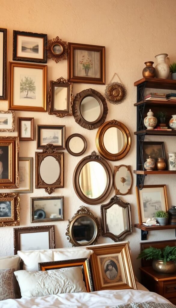 A cozy, vintage-inspired bedroom wall adorned with an eclectic assortment of framed artwork, decorative mirrors, and rustic wooden shelves. The lighting is soft and warm, casting a gentle glow across the textured plaster walls. In the foreground, a collection of antique-style frames in various shapes and sizes, some with intricate gold or distressed finishes, are arranged in a visually appealing asymmetrical pattern. The middle ground features a mix of round and rectangular mirrors, some with ornate metallic frames, reflecting the warm lighting and creating depth. In the background, a pair of wooden shelves hold an array of vintage-style decorative items, such as ceramic vases, weathered books, and small potted plants, adding to the overall charm and character of the scene. A cozy, vintage-inspired bedroom wall adorned with an eclectic assortment of framed artwork, decorative mirrors, and rustic wooden shelves. The lighting is soft and warm, casting a gentle glow across the textured plaster walls. In the foreground, a collection of antique-style frames in various shapes and sizes, some with intricate gold or distressed finishes, are arranged in a visually appealing asymmetrical pattern. The middle ground features a mix of round and rectangular mirrors, some with ornate metallic frames, reflecting the warm lighting and creating depth. In the background, a pair of wooden shelves hold an array of vintage-style decorative items, such as ceramic vases, weathered books, and small potted plants, adding to the overall charm and character of the scene.
