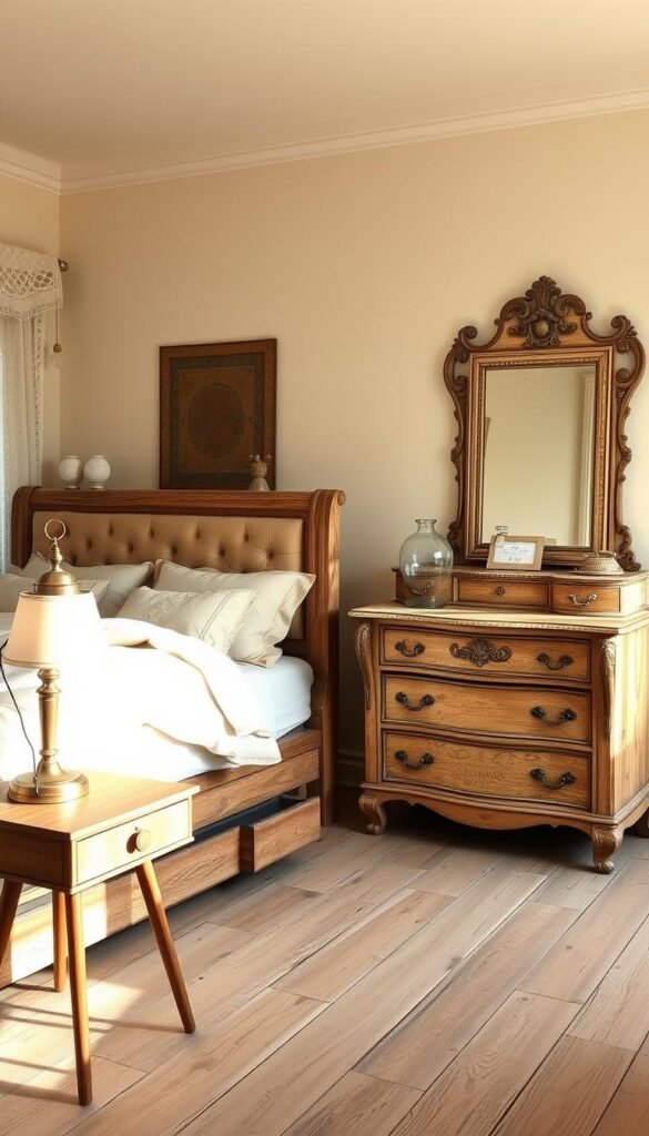 A cozy, vintage-inspired beige bedroom with warm, muted tones and a lived-in, timeless charm. The focal point is a rustic, wooden bed frame with a plush, tufted headboard. Soft, beige linens and pillows create a relaxing, inviting atmosphere. In the foreground, a mid-century modern nightstand with a vintage table lamp casts a gentle glow. The middle ground features an antique dresser with intricate, distressed details, complemented by a large, ornate mirror. The background showcases weathered wooden floors, cream-colored walls, and a sheer, lace curtain that softens the natural light flowing in. The overall scene evokes a sense of nostalgia and understated elegance.