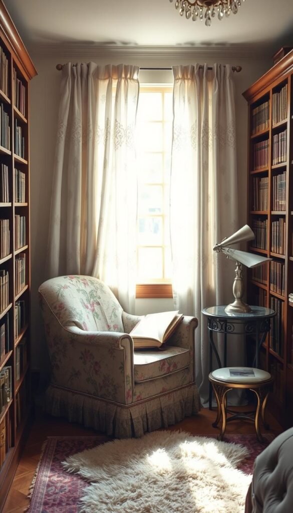 A cozy vintage reading nook nestled in a warm, sun-dappled corner of a charming bedroom. Soft, natural light filters through lace curtains, casting a gentle glow on the inviting armchair upholstered in floral print. Wooden bookshelves lined with leather-bound volumes flank the scene, while a plush area rug and a delicate side table with a tarnished metal lamp complete the intimate setting. The atmosphere is one of quiet contemplation, where the reader can lose themselves in the pages of a cherished book, surrounded by the comforting embrace of timeless elegance. A cozy vintage reading nook nestled in a warm, sun-dappled corner of a charming bedroom. Soft, natural light filters through lace curtains, casting a gentle glow on the inviting armchair upholstered in floral print. Wooden bookshelves lined with leather-bound volumes flank the scene, while a plush area rug and a delicate side table with a tarnished metal lamp complete the intimate setting. The atmosphere is one of quiet contemplation, where the reader can lose themselves in the pages of a cherished book, surrounded by the comforting embrace of timeless elegance.