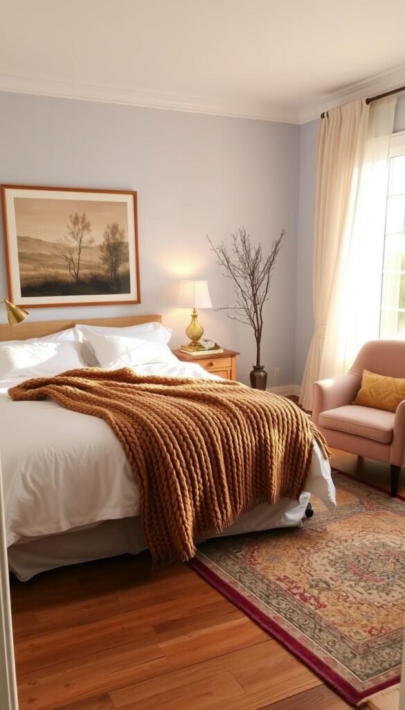 A cozy, well-appointed bedroom during a seasonal transition. A plush king-size bed with crisp white linens and a chunky knit throw in a warm, earthy tone. Bedside tables with brass lamps casting a soft, ambient glow. The walls are a soothing pale blue, accented by a large, framed nature-inspired artwork. Delicate sheer curtains frame the window, allowing in natural light. A comfortable armchair in a complementary hue sits by the window, perfect for curling up with a book. Wooden floorboards with a vintage Turkish rug underfoot. The room has a harmonious, calming atmosphere, blending rustic and modern elements for maximum comfort and coziness. A cozy, well-appointed bedroom during a seasonal transition. A plush king-size bed with crisp white linens and a chunky knit throw in a warm, earthy tone. Bedside tables with brass lamps casting a soft, ambient glow. The walls are a soothing pale blue, accented by a large, framed nature-inspired artwork. Delicate sheer curtains frame the window, allowing in natural light. A comfortable armchair in a complementary hue sits by the window, perfect for curling up with a book. Wooden floorboards with a vintage Turkish rug underfoot. The room has a harmonious, calming atmosphere, blending rustic and modern elements for maximum comfort and coziness.