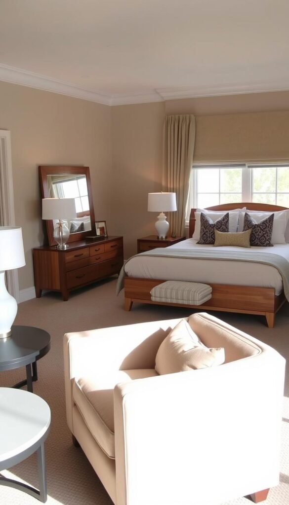 A cozy, well-appointed bedroom featuring a tasteful arrangement of functional and stylish furniture. In the foreground, a plush, upholstered armchair with clean lines and a neutral palette sits adjacent to a modern end table with a minimalist lamp. In the middle ground, a low-profile dresser with natural wood accents is paired with a stylish mirror, creating a cohesive and visually balanced composition. The background showcases a large, window-facing bed with a luxurious bedspread and coordinating throw pillows, bathed in soft, natural lighting from an unseen source. The overall atmosphere is one of refined elegance and practical comfort, with each piece contributing to the room's harmonious and inviting ambiance. A cozy, well-appointed bedroom featuring a tasteful arrangement of functional and stylish furniture. In the foreground, a plush, upholstered armchair with clean lines and a neutral palette sits adjacent to a modern end table with a minimalist lamp. In the middle ground, a low-profile dresser with natural wood accents is paired with a stylish mirror, creating a cohesive and visually balanced composition. The background showcases a large, window-facing bed with a luxurious bedspread and coordinating throw pillows, bathed in soft, natural lighting from an unseen source. The overall atmosphere is one of refined elegance and practical comfort, with each piece contributing to the room's harmonious and inviting ambiance.