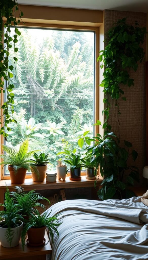 A cozy, well-lit bedroom featuring a lush indoor garden. In the foreground, a variety of potted plants, including ferns, succulents, and trailing vines, adorning a wooden bedside table. The middle ground showcases a large, floor-to-ceiling window, allowing natural light to flood the space and highlighting the verdant foliage outside. In the background, a neutral-toned, textured wall provides a warm and earthy backdrop, complementing the organic elements. The overall atmosphere is serene and inviting, creating a harmonious blend of nature and indoor living.