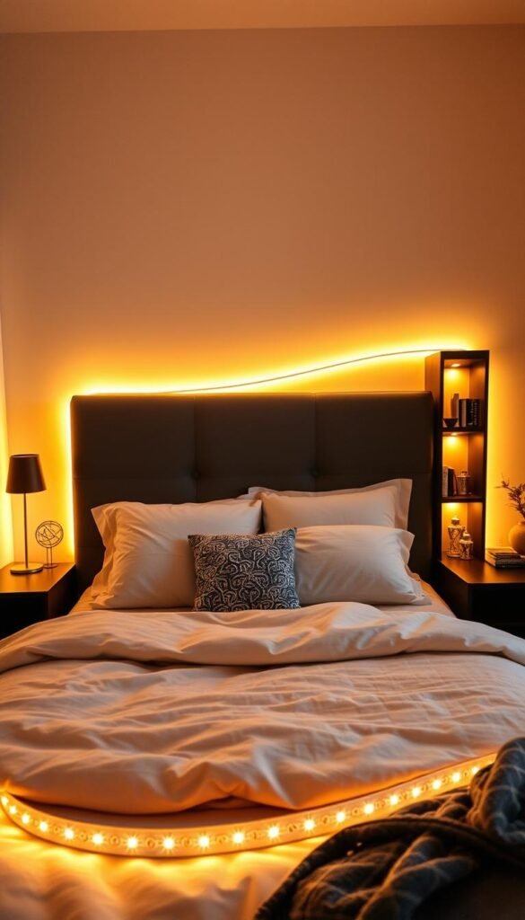 A cozy, well-lit bedroom featuring creatively placed LED strip lights. The strips are meticulously arranged along the edges of the bed frame, curving gracefully up the headboard and down the sides. Warm, ambient light emanates from the strips, casting a soft, inviting glow across the space. The strips are also integrated into the shelving unit, highlighting the displayed decor and adding depth to the room. Subtle shadows and highlights enhance the three-dimensional effect, while the camera angle captures the scene from a slightly elevated perspective, showcasing the thoughtful, visually striking LED placement.